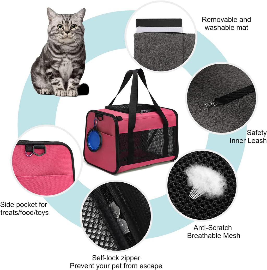 Airline Approved Cat Carrier, Soft Sided Collapsible Puppy Carrier with Locking Safety Zippers, Removable Fleece Pad and Pockets for Small Dogs Puppies Large Cat (M, Pink)