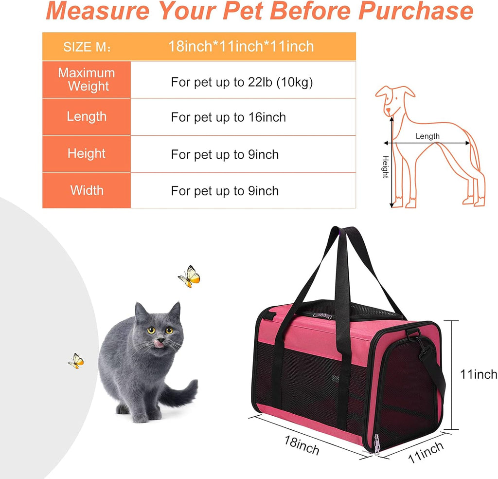 Airline Approved Cat Carrier, Soft Sided Collapsible Puppy Carrier with Locking Safety Zippers, Removable Fleece Pad and Pockets for Small Dogs Puppies Large Cat (M, Pink)