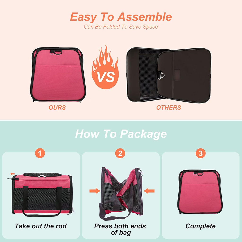 Airline Approved Cat Carrier, Soft Sided Collapsible Puppy Carrier with Locking Safety Zippers, Removable Fleece Pad and Pockets for Small Dogs Puppies Large Cat (M, Pink)